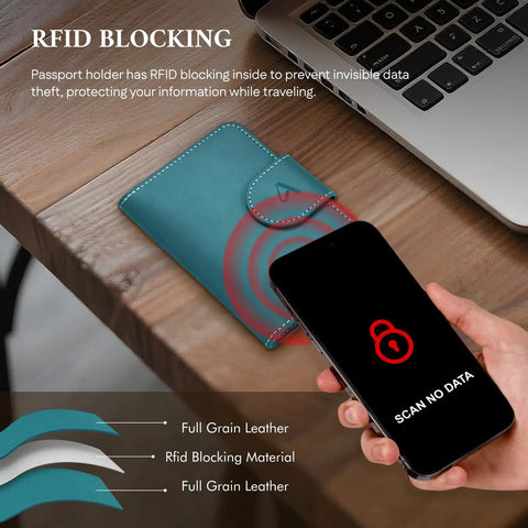 RFID Passport Holder Travel Wallet For Men And Women With Hidden AirTag Slot Genuine Leather Passport Cover, RFID protection, Lake Blue