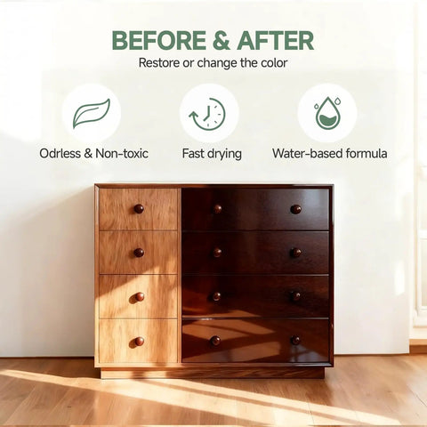 Before and after of a vintage dresser using Water Based Wood Stain And Sealer In One Vintage Furniture Finish 32 Oz Container.