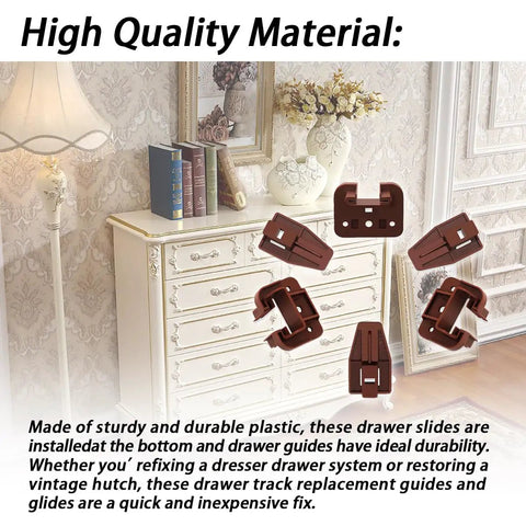 Heavy Duty Drawer Slide Repair Kit 10 Piece Set Reinforced Hard Plastic on dresser with lamp and books, durable and easy to fix.