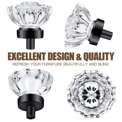 Matte Black Glass Cabinet Knobs 8 Pack With Vintage Crystal Drawer Knobs And Pulls For Dresser, Retro Flower Design