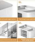 Collage of white Pen Organizer With 2 Drawers For Desk, Multi Functional Pencil Holder With 5 Compartments Top Tray And Notebook Holder