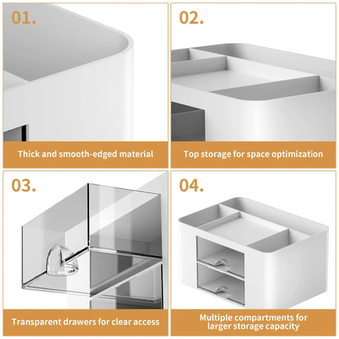 Collage of white Pen Organizer With 2 Drawers For Desk, Multi Functional Pencil Holder With 5 Compartments Top Tray And Notebook Holder