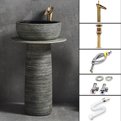 Next Level Ceramic Bathroom Sink And Vessel Basin Combo With Matching Faucet Kit and Drain Prep For Indoor Outdoor Install Heavy Duty Porcelain Vanity Setup Handmade Artisan Fixtures, modern round sink with faucet.