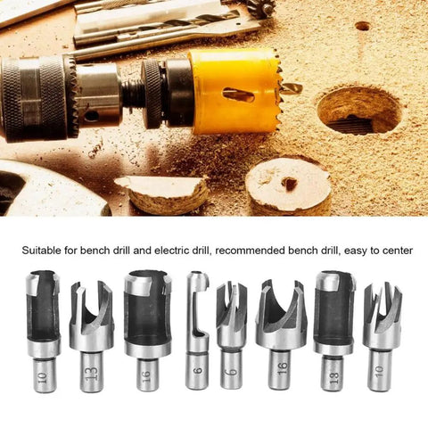 Straight Shooter Eight Piece Wood Plug Cutter Drill Bit Set Built Different Using Hardcore High Carbon Steel For Seamless Countersinks and home fixes, showcasing various sizes.