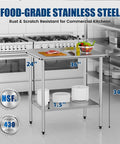 Stainless Steel Prep Table 24x36 Inch With Adjustable Undershelf And Backsplash Built To Last Heavy Duty Commercial Kitchen Work Table For Restaurant Garage And Outdoor Use NSF Certified And Rust Resistant in a kitchen setting