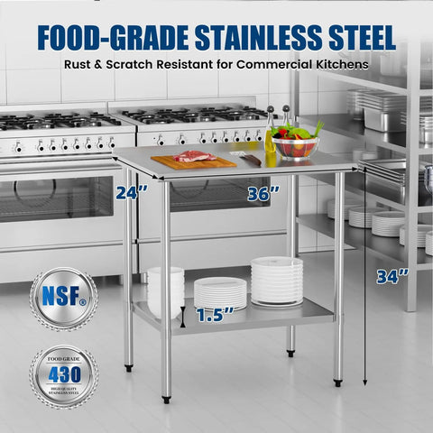 Stainless Steel Prep Table 24x36 Inch With Adjustable Undershelf And Backsplash Built To Last Heavy Duty Commercial Kitchen Work Table For Restaurant Garage And Outdoor Use NSF Certified And Rust Resistant in a kitchen setting