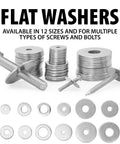 Flat washers set, 100 pcs, 304 stainless steel, M3–M12, front view with bolts