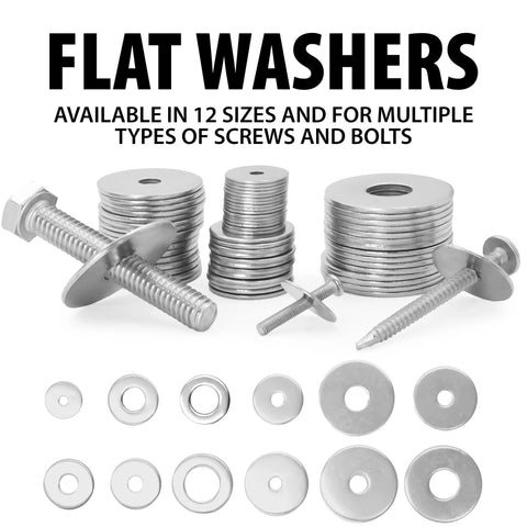 Flat washers set, 100 pcs, 304 stainless steel, M3–M12, front view with bolts