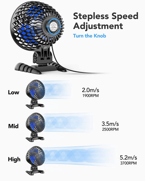 Desktop Mini USB Fan with stepless speed control showing airflow rates and knob adjustment