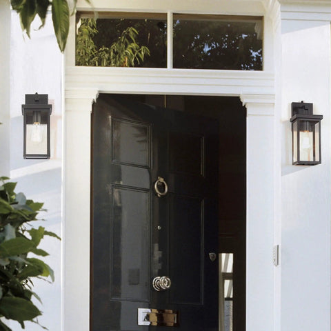 Two Pack Outdoor Wall Lanterns With Dusk To Dawn Sensor And Photo Sensor at entryway with black door, waterproof, rust resistant