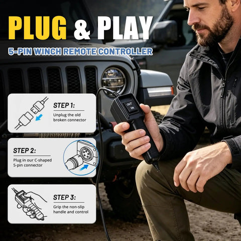 5 Pin Winch Remote Switch Cable For Electric Winches 5000 9000 12000 12 Foot Cord 5 Prong Hand Wired Controller Plug And Play Replacement Or Upgrade For UTV ATV Winches, used by man with Jeep