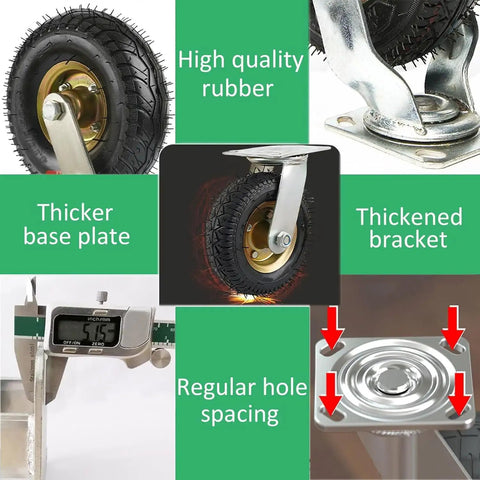 Heavy Duty Pneumatic Caster Wheels Two Pack Silent Swivel Rocker Casters 10 Inch With Shock Absorbing Base And Hassle Free Mounting Screws For Furniture Rolls Smooth High Load Capacity Done Right