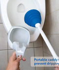 Top Shelf Toilet Plunger With No Drip Carrying Caddy And Suction Lock Seal That Kicks Gnarly Drain Clogs Swift While Preserving Your Restroom From Messy Splash Back During Routine Home Care Tasks. Blue plunger in portable caddy for easy storage.
