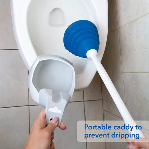 Top Shelf Toilet Plunger With No Drip Carrying Caddy And Suction Lock Seal That Kicks Gnarly Drain Clogs Swift While Preserving Your Restroom From Messy Splash Back During Routine Home Care Tasks. Blue plunger in portable caddy for easy storage.