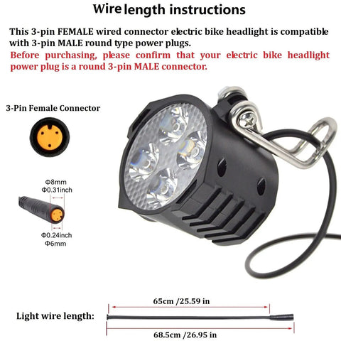 Ultra Bright LED Bike Headlight With 3 Pin Female Waterproof Connector, shown with wire length details and connectors