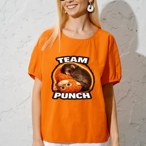 Woman wearing orange tee with Six Pack Adorable Monkey Punchs Baby Graphic Team Punchs Big Love Gifts DTF Transfers decal.