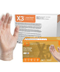Heavy Duty Clear Vinyl Industrial Gloves Case Of 1000 Units 3 Mil Thick Build Large Roomy Fit latex free disposable gloves shown.