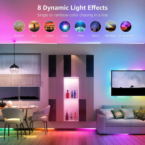 DreamColor LED Strip Lights 16.4ft Music Sync RGB 5050 LED Tape illuminating a stylish living room with dynamic effects.