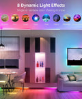 Living room with DreamColor 50ft LED Strip Lights With Remote, Rainbow Chasing Colors illuminating walls and decor.