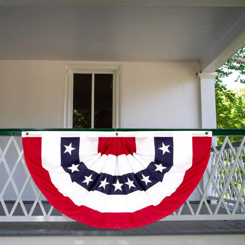 All American Patriotic Bunting Banner Pack With A 4 Pack Of Red White And Blue Half Fan Flags for Fourth of July Memorial Day and 250th Anniversary