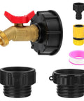 Heavy Duty IBC Tote Adapter Kit For 275 330 Gallon Drums With Three Thread Sizes 1/2 In NPT Inlet, 2 In Fine, 2 In Coarse, And 3/4 In Male GHT Brass Hose Faucet Connector With High Flow Shutoff, brass valve and adapters