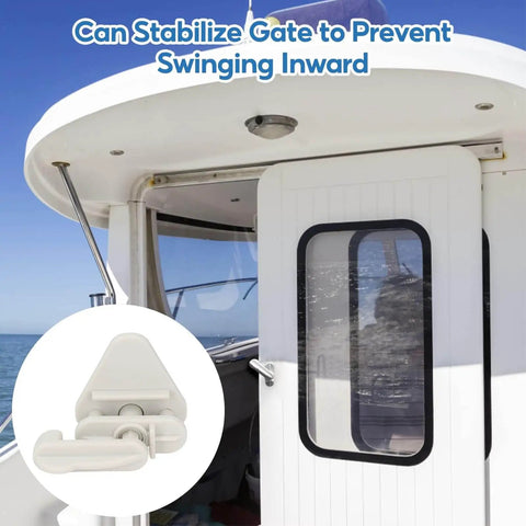Rock Solid Abs Pontoon Boat Gate Latch Kit Heavy Duty Square Frame Latches mounted on boat door to prevent inward swing.
