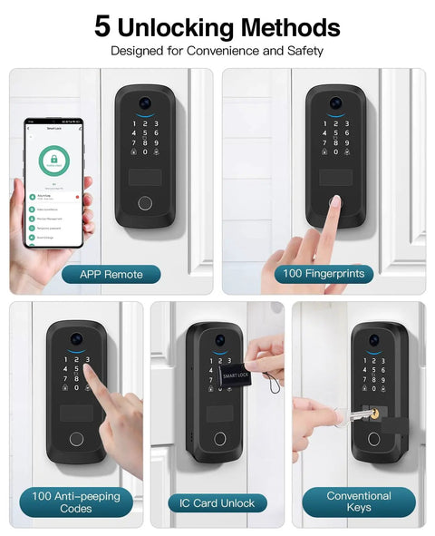 Video Smart Lock With Camera 2K HD, Keyless Entry, showing five unlock methods including app control, fingerprint, and IC card.