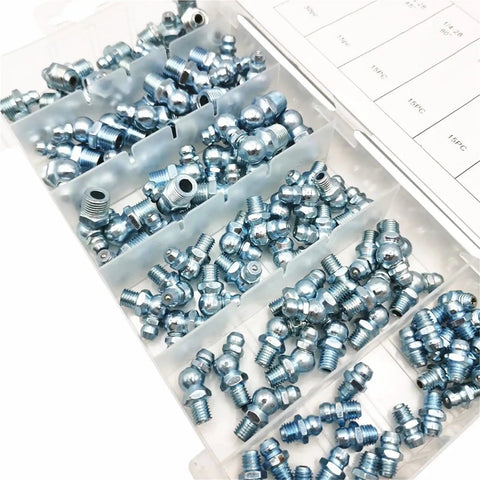 Grease Fittings Kit 110 Piece Imperial 45 Degree 90 Degree Nipple Assortment For Grease Gun And Hydraulic Systems Oil Mouth Nipples Durable Corrosion Resistant Quick Connect in a plastic organizer box