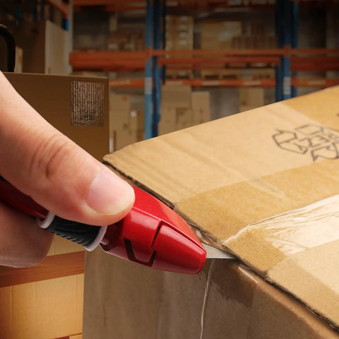 Auto Retracting Utility Knife With Dual Safety System For Fast Box Cutting Blade Auto Retracts When Off The Cutting Surface No Brainer Safety Push Button Release Easy Grip Handle Ideal For DIY Packing And Heavy Duty Work cutting cardboard box