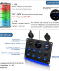 Diagram of Beefy 8 Gang Rocker Switch Panel with voltmeter and dual USB charger, detailed voltage information, black aluminum panel