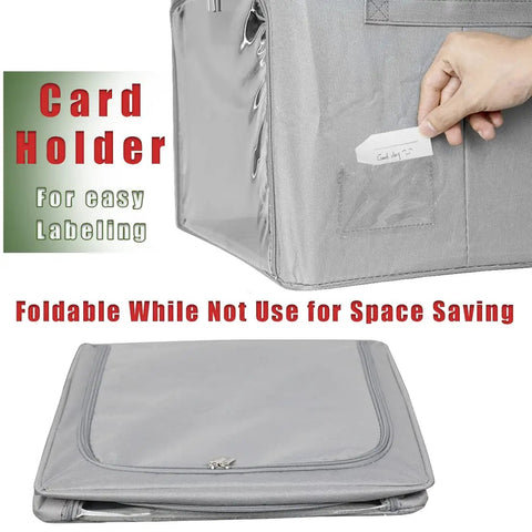 User inserting label into card holder on Stackable Gray Closet Storage Bins 3 Pack With Metal Frame, 40L Each, foldable and collapsible.