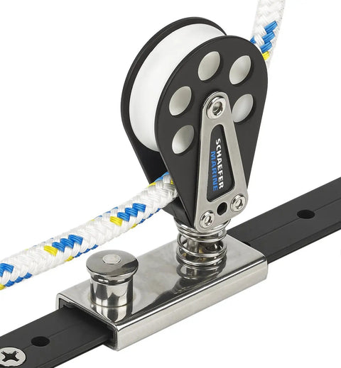5 Series Beefy Block On 1 Inch T Track Slider With Aluminum Cheeks And Delrin Bearing Sheave 25mm Black For Heavy Duty Marine Rigging And Sailboat Tensioning, 316 Stainless Steel And Hard Coat Aluminum