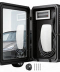 Built Like A Tank Ev Charger Enclosure For Outdoor Wall Mount Boxes with locked lid, LED, and charging cable inside.