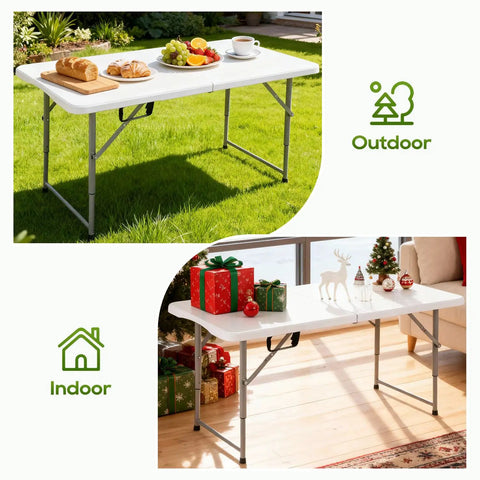 Portable 4Ft Folding Table With Fold-In-Half Design, Powder-Coated Steel Frame, used indoors and outdoors, white