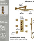 Dimensions of EVERSTEIN 12" Rainfall Shower System with Handheld Spray, Brushed Gold, including valve and spray configurations.