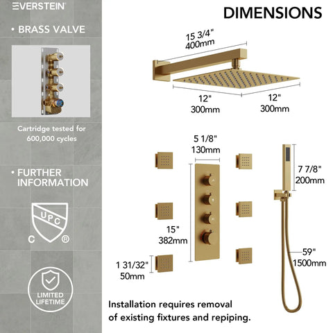 Dimensions of EVERSTEIN 12" Rainfall Shower System with Handheld Spray, Brushed Gold, including valve and spray configurations.