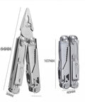 All In One Multitool Pliers with Replaceable Wire Cutters and Spring Loaded Action, open and closed view with measurements