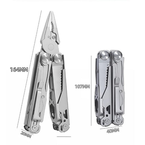 All In One Multitool Pliers with Replaceable Wire Cutters and Spring Loaded Action, open and closed view with measurements