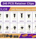 335 Piece Bumper Retainer Clips And Push Pin Rivets Kit With Upgraded T Style Zip Ties shown with multiple clip sizes and tools.