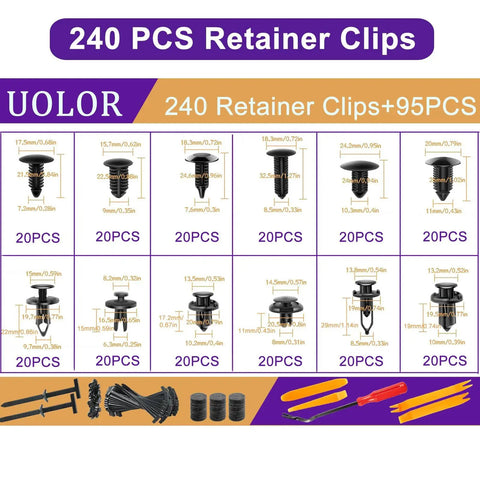 335 Piece Bumper Retainer Clips And Push Pin Rivets Kit With Upgraded T Style Zip Ties shown with multiple clip sizes and tools.