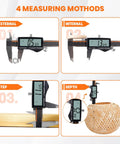 Rechargeable 12 Inch Digital Caliper With Large LCD Screen, Stainless Steel Tool showing four measuring methods, DIY use