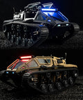 Two RC Military Tank With Bright LED Lights 2 4G Remote Control 1 16 Scale All Terrain Vehicle Dual Motor Drive Door Open Yellow Full Proportional Tank With Two Batteries in black and yellow on terrain.