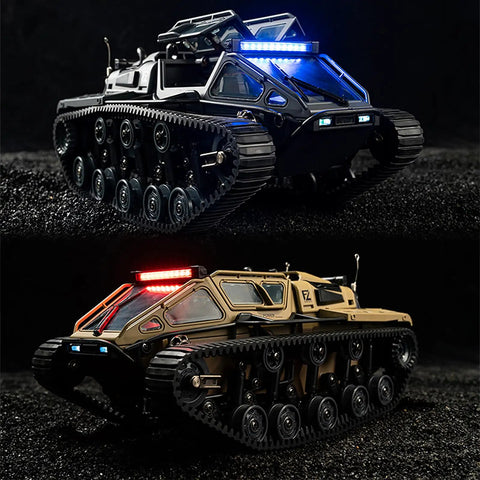 Two RC Military Tank With Bright LED Lights 2 4G Remote Control 1 16 Scale All Terrain Vehicle Dual Motor Drive Door Open Yellow Full Proportional Tank With Two Batteries in black and yellow on terrain.