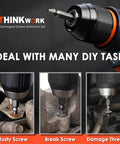 Close-up of a drill using the 13 Piece Damaged Screw Extractor Set For Rusted And Stripped Fasteners Pro Grade Easy Out Bolt Extractor Kit.