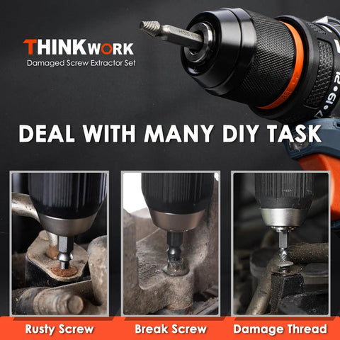 Close-up of a drill using the 13 Piece Damaged Screw Extractor Set For Rusted And Stripped Fasteners Pro Grade Easy Out Bolt Extractor Kit.
