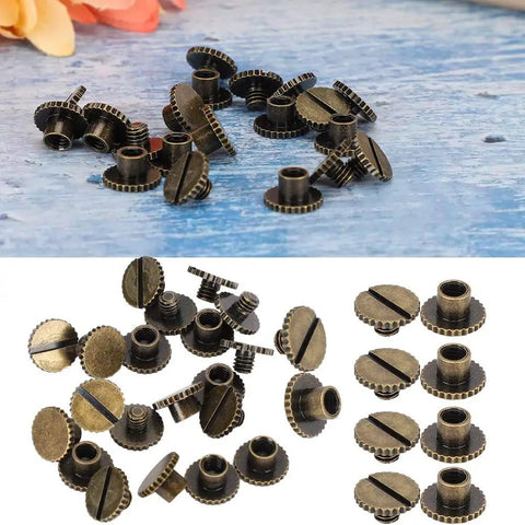 30 Pack Brass Book Rivets With Knurling Flat Leather Binding Buttons For DIY Leather Craft 9.5 By 4 Millimeter Nails And 4 Millimeter Screws Bronze Finish displayed
