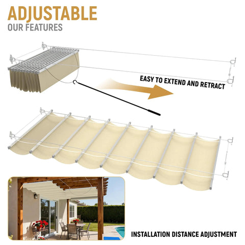 7' x 12' Retractable Wave Sun Shade Sail For Patio Porch Garden Backyard Beige Durable