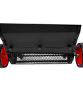 Bottom view of Four Wheel Spreader And Garden Cart For Lawn Fertilizer Grass Seed And Compost Topdresser Push Cart with red wheels.