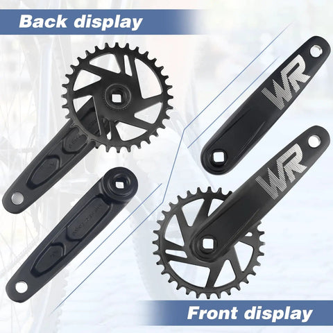 Single Piece Mountain Bike Crankset 36T With 170mm Arms For MTB Bicycles, front and back view showing drop stop chainring