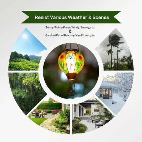 Hot Air Balloon Solar Lantern For Outdoor Use, Dragonfly Inspired Glass Hanging Light for all weather patio and garden decor